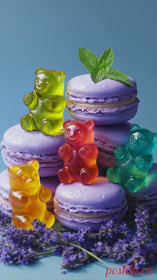 Яркие мармеладные мишки и фиолетовые макаруны в мягком свете. Изображение из нейронной сети Миджорни - Midjourney примеры промтов - Форум ИИ о нейросетях - Yes Ai