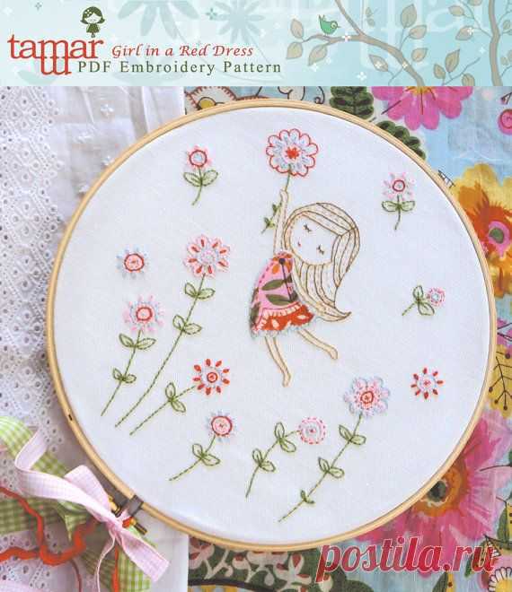 Embroidery Pattern, Instant Download - Girl in a Red Dress