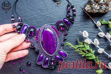 Fairytale gift Purple Elven Necklace Bead Embroidery Beaded
