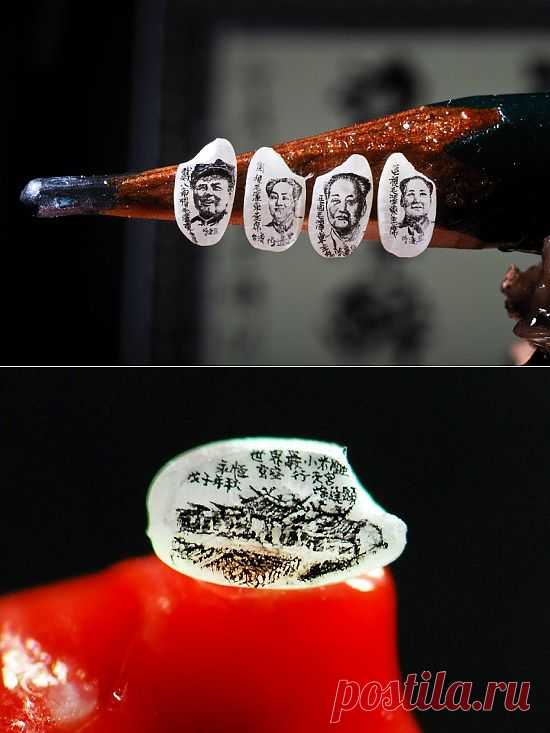 Картины на зернышке риса. 58-летний тайваньский художник Чен Фонг Шин  делает красивые гравировки на зерне риса.Хотя он и признается, что это очень кропотливая работа, которая отнимает у него много времени.За свои необычные картины он получил международное признание.