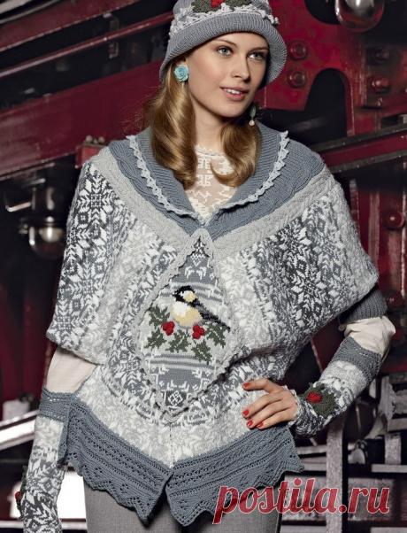 Шарф-пончо с жаккардовым узором Необычный шарф-пончо, украшенный затейливыми узорами, выглядит волшебно, как из зимней сказки.