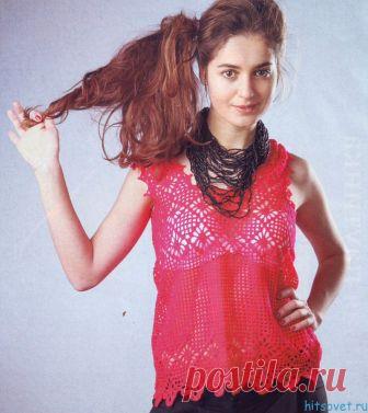 Топ из хлопка крючком. Вам потребуется: пряжа «Ирис» (100% мерс. хлопок, 1800 м/300 г) - около 150 г цвета фуксии, крючок №1,5.