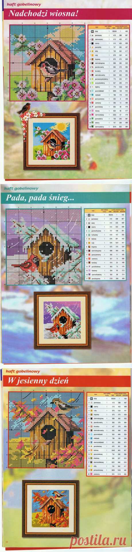 Вышивка крестом. Скворечники с птичками.