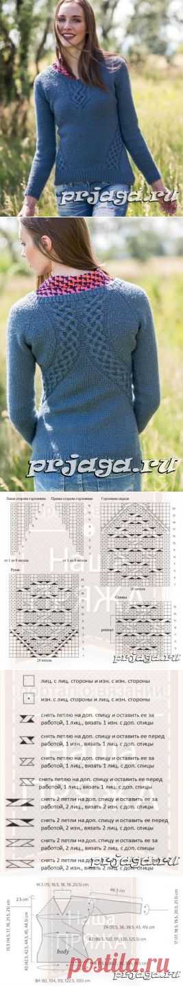 Женский пуловер спицами реглан от горловины
