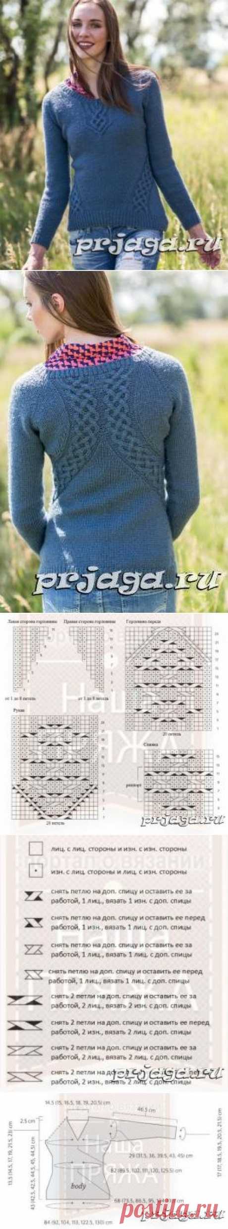 Женский пуловер спицами реглан от горловины