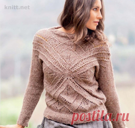 Пуловер с ажурным крестообразным мотивом Пуловер с ажурным крестообразным мотивом выполнен из меланжевой пряжи. Красивый необычный узор не оставит вас равнодушной.