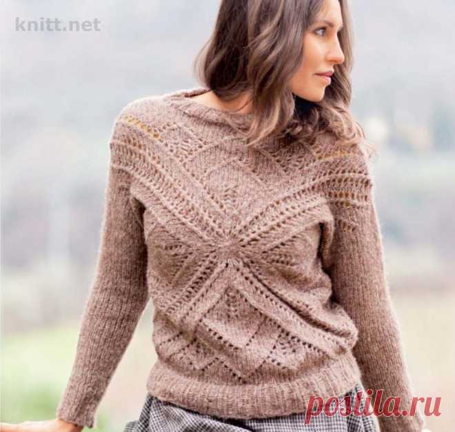 Пуловер с ажурным крестообразным мотивом Пуловер с ажурным крестообразным мотивом выполнен из меланжевой пряжи. Красивый необычный узор не оставит вас равнодушной.