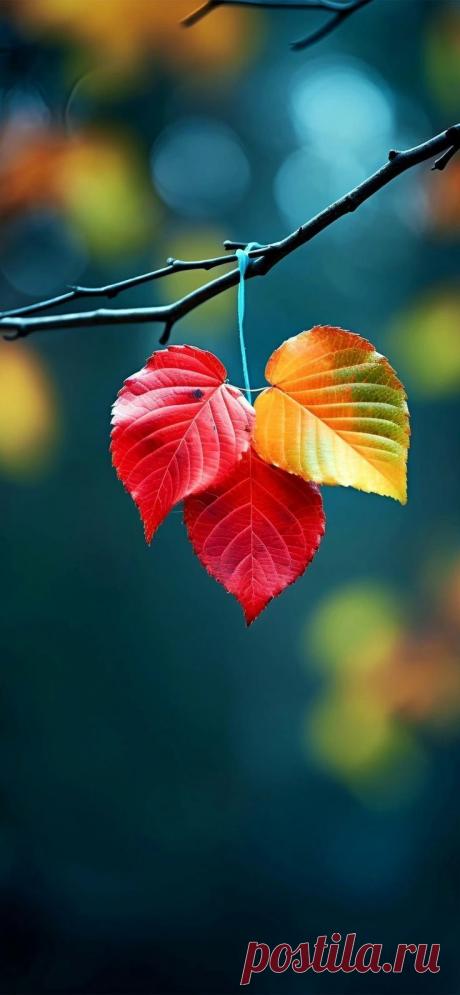 two red and yellow leaves hanging from a wire