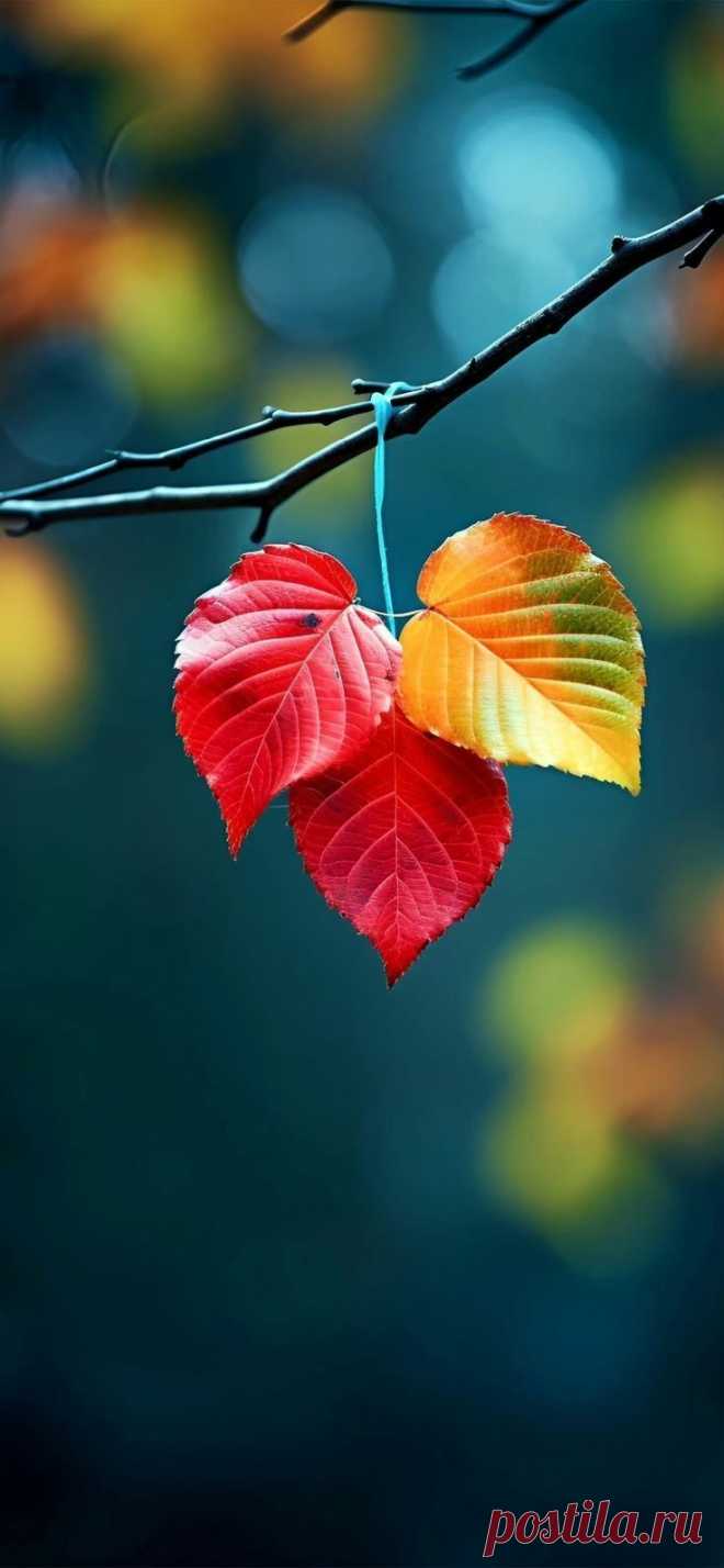 two red and yellow leaves hanging from a wire