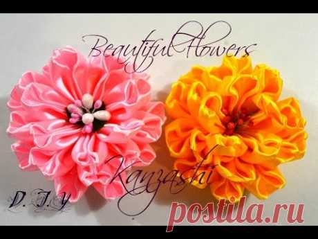 Beautiful Flowers Kanzashi/Большие цветы из ленты 5 см/Tutorial/D.I.Y