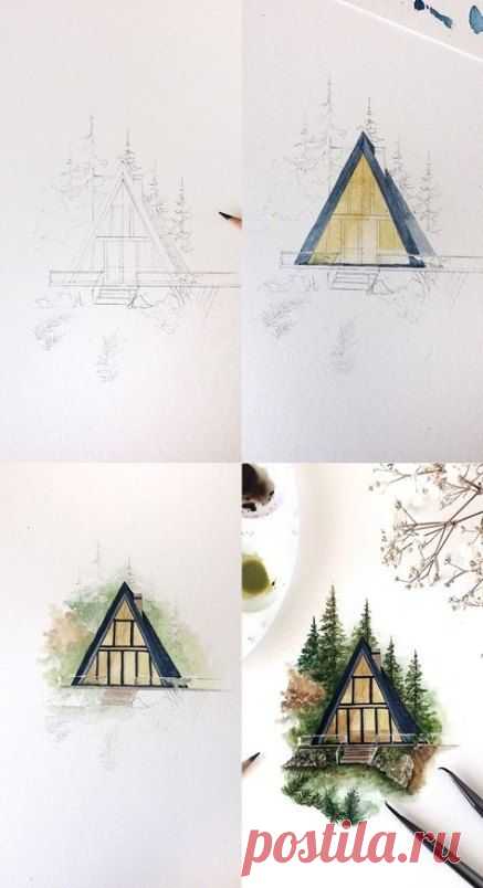 Рисуем домик среди елок — Сделай сам, идеи для творчества - DIY Ideas