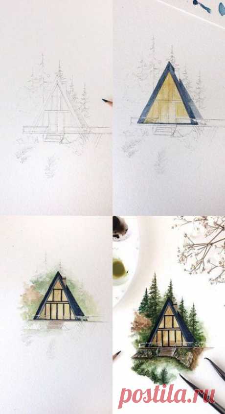 Рисуем домик среди елок — Сделай сам, идеи для творчества - DIY Ideas