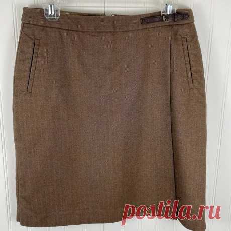LL Bean Womens Classic Fit Faux Wrap Skirt Brown Herringbone Buckle Size 8 | eBay
