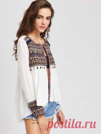 Embroidered Yoke And Cuff Coin Fringe Trim Blouse -SheIn(Sheinside)