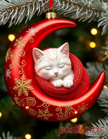 Большая елочная игрушка в виде красного месяца, внутри которого уютно свернулся спящий белый котенок. Котенок укутан в красный вязаный шарф. Игрушка висит на белой еловой ветке. Месяц украшен золотистыми узорами в виде снежинок и завитков, а также небольшими светящимися огоньками