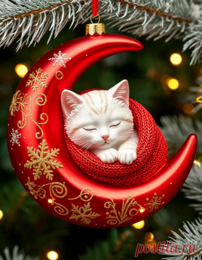 Большая елочная игрушка в виде красного месяца, внутри которого уютно свернулся спящий белый котенок. Котенок укутан в красный вязаный шарф. Игрушка висит на белой еловой ветке. Месяц украшен золотистыми узорами в виде снежинок и завитков, а также небольшими светящимися огоньками