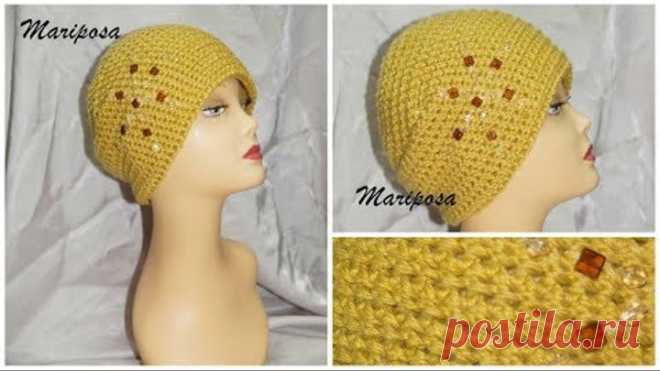 шапочка бини крючком сцепленными столбиками. Cap crochet unisex. ( шапочка #1)