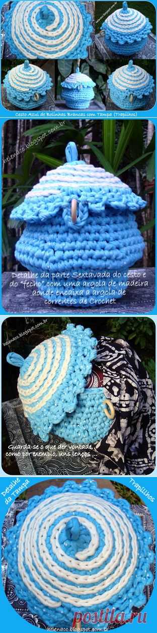 EU TAMBÉM CROCHETO...: Cesto Azul de Bolinhas Brancas em Trapilhos