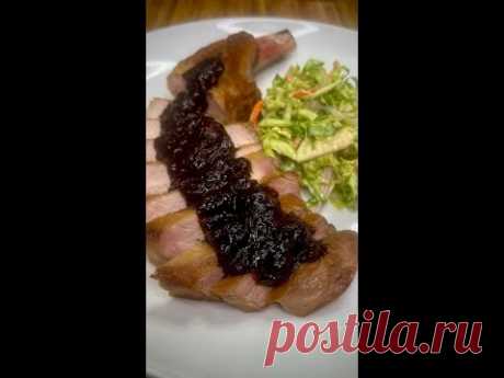 Pan-Seared Pork Chops with Blackberry Adobo Sauce and Miso Brussels Sprouts Slaw