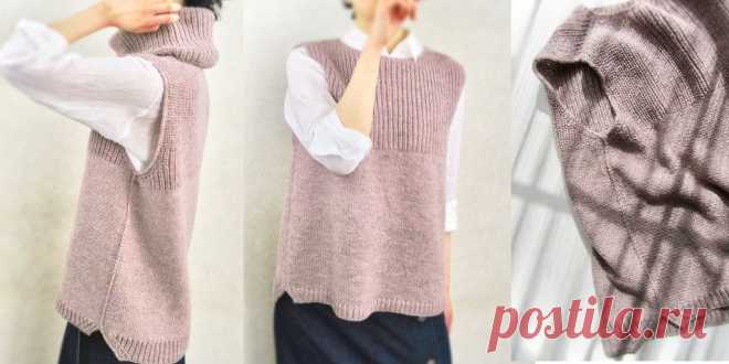 Безрукавка спицами UraUe Свободная двухсторонняя безрукавка спицами вязаная сверху вниз по кругу полуанглийской резинкой и лицевой гладью с описанием для женщин от маленького размера до большого размера.