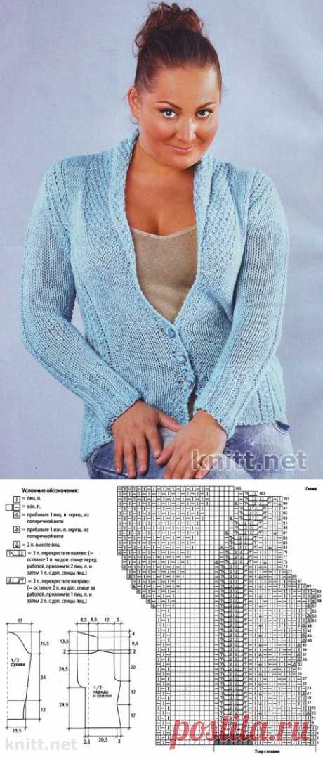 Вязаный спицами голубой жакет с шалевым воротником | knitt.net | Все о вязании