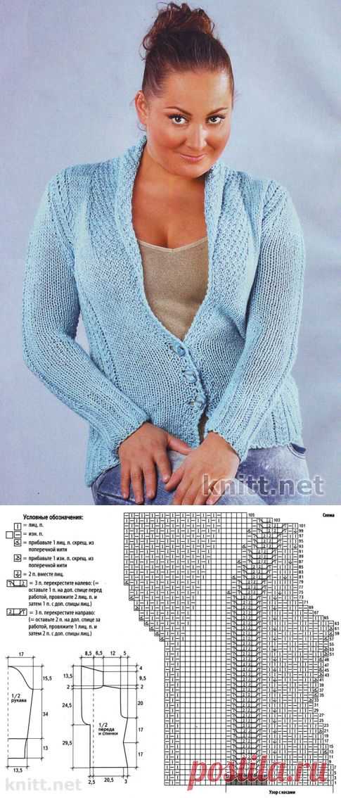 Вязаный спицами голубой жакет с шалевым воротником | knitt.net | Все о вязании
