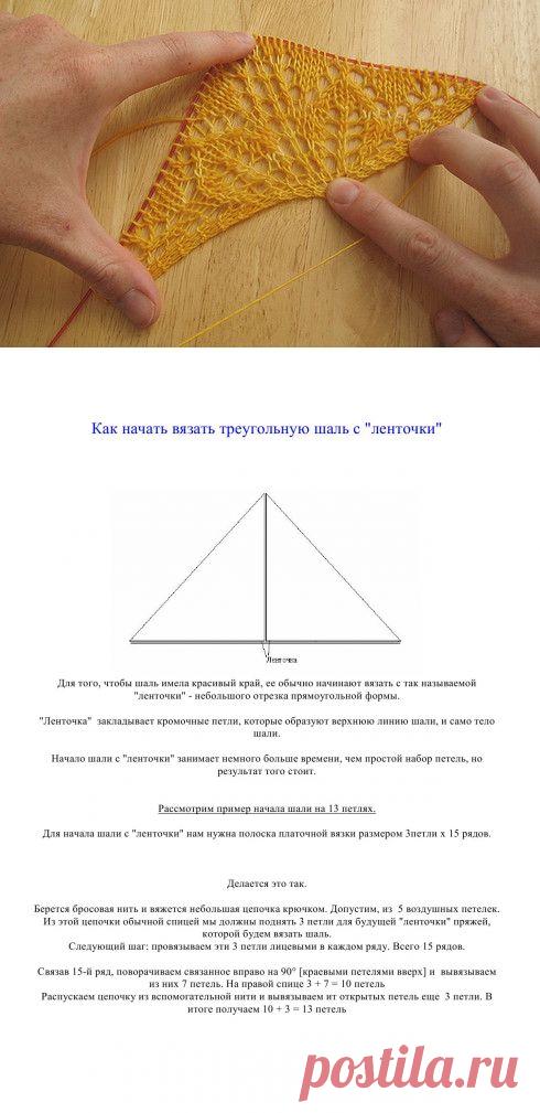 Как начать теругольную шаль с ленточки.