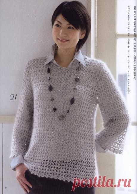 Ажурный джемпер из пряжи с мохером, крючком. Схемы. / knittingideas.ru