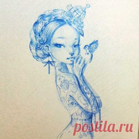 Blue Sketch... #drawing #tattoo #tattoogirl #draw #doodle #illustration #blackbook#sketchbook #sketch #handmade #traditionalart #ink #instaartist #ilustracion #artgallery #instaart #contemporaryart #art #artwork #sketchbook #aintzanecruceta #fantasy #blue #spring