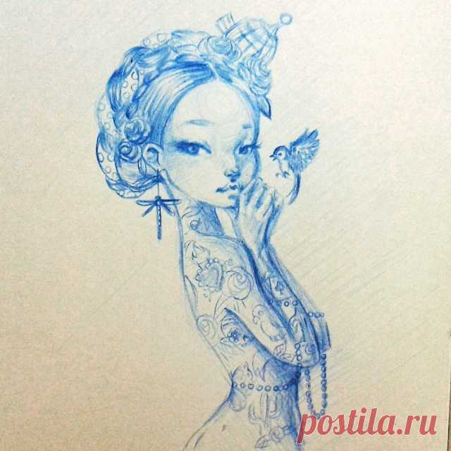 Blue Sketch... #drawing #tattoo #tattoogirl #draw #doodle #illustration #blackbook#sketchbook #sketch #handmade #traditionalart #ink #instaartist #ilustracion #artgallery #instaart #contemporaryart #art #artwork #sketchbook #aintzanecruceta #fantasy #blue #spring