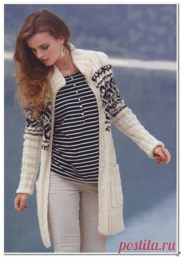 Удлинённый жакет с орнаментом (спицы).