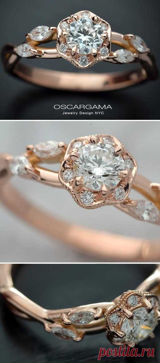 14kt Pink gold round brilliant .30ct or .50ct G-H SI2 GIA or Better. with a halo. Ring consist on a Octagon Halo with six diamonds. Each round brilliant diamond is1.15mm. On the shank is adorned with four small diamonds marquise cut 3 x 1.50 All the diamonds are G-VS- SI with a total
