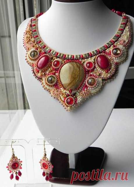 Купить Колье &quot;Цветок пустыни&quot; - бежевый, кремовый, коричневый, красный, бронзовый, коралл, пейзажная яшма