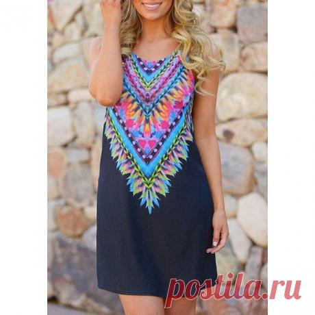 Wholesale Ethnic Style Scoop Neck Sleeveless Printed A-Line Tribal Dress For Women (BLACK,XL), Summer Dresses - Rosewholesale.com