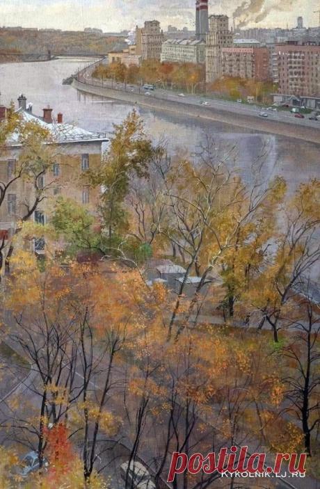 Лившиц Татьяна Исааковна (1925-2010),
"Москва-река. Осень".
На картине вид на Бережковскую набережную - видны ТЭЦ-12, дом 12 с башенками, видно мост и Ленгоры. И справа дом, где были магазины, в т.ч. "Школьник".