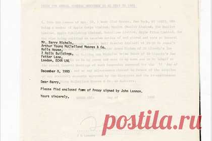 Последнее письмо Джона Леннона продали за 64 тысячи долларов. Последнее письмо, написанное участником The Beatles Джоном Ленноном, за несколько часов до смерти, было продано на аукционе за 64 тысячи долларов. Ожидалось, что стоимость письма составит от 30 до 50 тысяч долларов, однако в последний день аукциона количество потенциальных покупателей увеличилось, и лот вырос в цене.