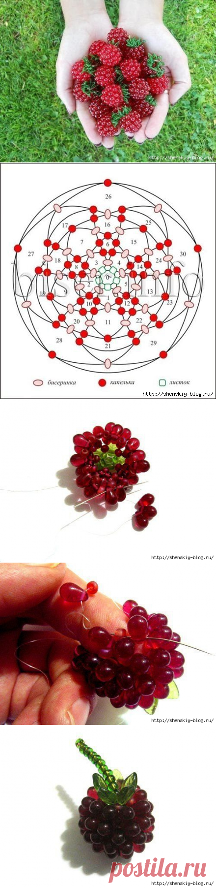 Красивые ягоды малины из бисера. Схема плетения.