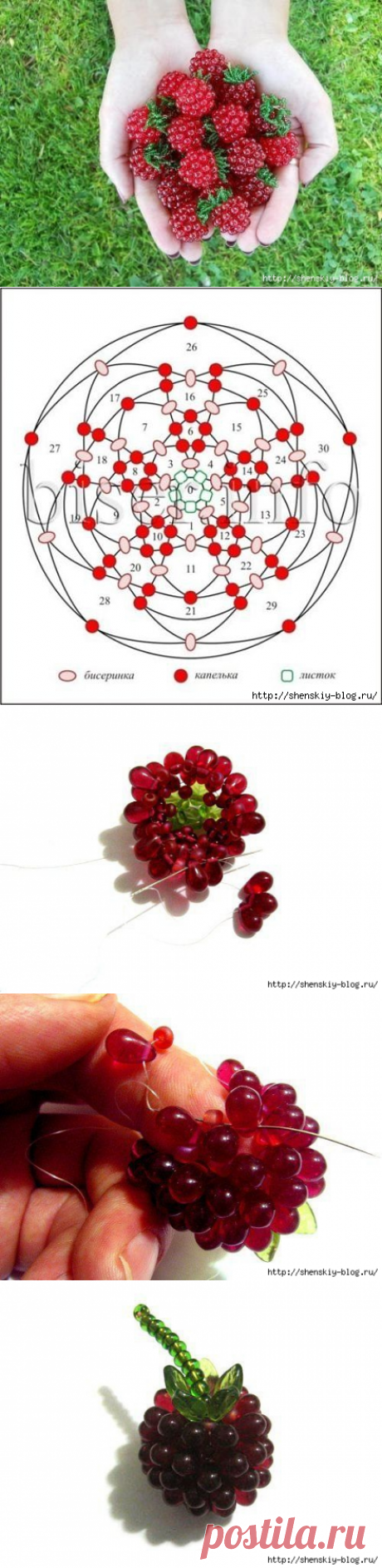 Красивые ягоды малины из бисера. Схема плетения.