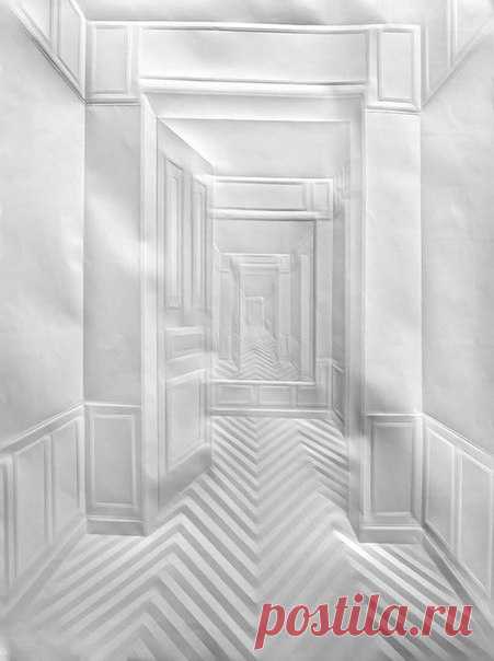 Немецкий художник Саймон Шуберт (Simon Schubert) создает картины на абсолютно чистом листе, не используя красящих пигментов. Трехмерный эффект работ, который можно увидеть с расстояния не более трех метров, достигается путем складывания, продавливания и перегибания бумажного полотна. / Удивительное искусство