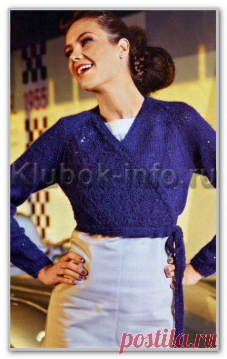 Вязание спицами. Женские модели. Однотонный короткий жакет-болеро с запахом, с ажурным узором и на завязке. Размеры: 42