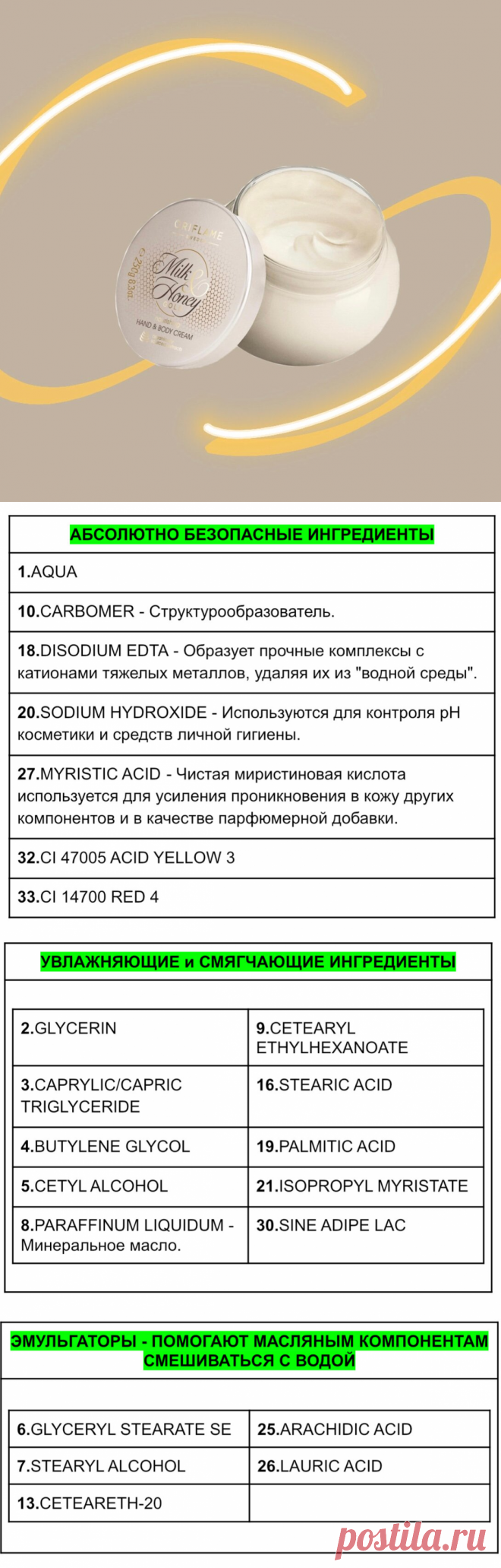 Взгляд химика на состав питательного крема milk and honey от Oriflame
Один из популярнейших кремов, который уже много лет пользуется спросом. Что же содержит его состав? Описание обещает нам роскошный уход за кожей на целый день, а именно: интенсивное питание и смягчение, увлажнение и сияние. Всего в составе 33 компонента. Ингредиенты: AQUA, GLYCERIN, CAPRYLIC/CAPRIC TRIGLYCERIDE, BUTYLENE...
Читай дальше на сайте. Жми подробнее ➡