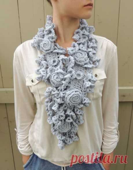 RoseOnie Scarf, Silver Grey Crochet Scarf. Rose Lace, Medium &amp; Long Lengths…