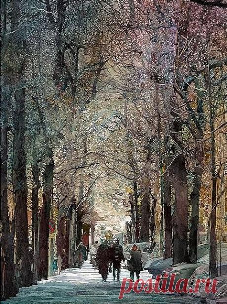 John Salminen. Картины акварелью. Городской пейзаж.
