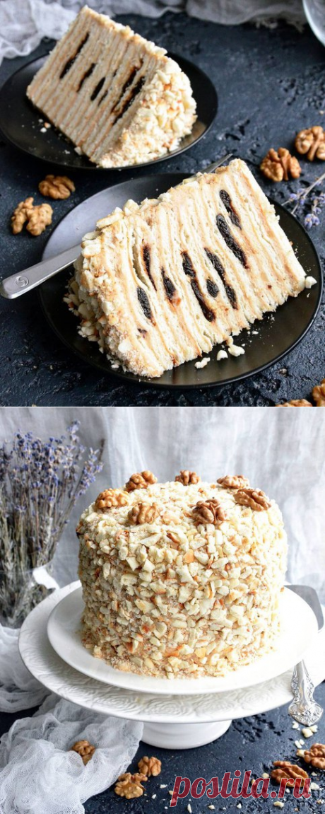 Ореховый Наполеон с черносливом .Наполеон в классическом представлении — это обязательно слоеное тесто. А что делать тем, кто никак не может освоить его приготовление?! Для вас рецепт Наполеона с нетрадиционным тестом. Замес осуществляется самым простым и быстрым, но не менее вкусным, способом. 
На выходе вы получаете тонкие коржи, щедро пропитанные заварным кремом с ореховым пралине, ставшие от этого нежными, мягкими, и кусочки сладкого чернослива, вкус которого идеально ...