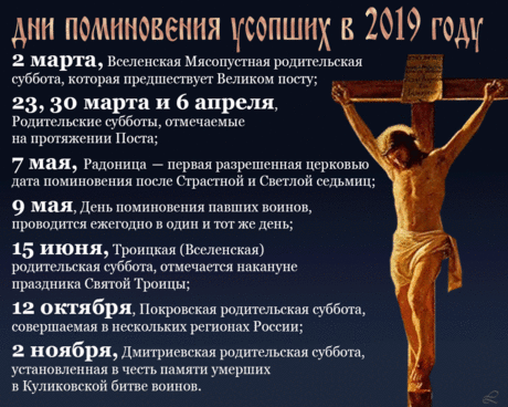 День поминальный-день святой,
Главы смирением покрыты,
Под панихидный звон живой
Звучат Вселенские молитвы,
 
Приносят Ангелы с Небес
Молитвам сим благословенье,
Честной Животворящий Крест
Благовестит душе Спасенье!
 
Дай БОГ средь суетных забот
Сей долг исполнить не забыться,
И в Храме за усопший род
Всю жизнь с усердием молиться!