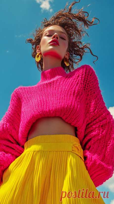 Bright pink sweater and yellow skirt outfit in 2025 | Bright colors fashion, Colorful fashion editorial, Pink skirt outfits