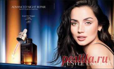 Новый снимок Аны де Армас для рекламы сыворотки Advanced Night Repair от Estée Lauder.