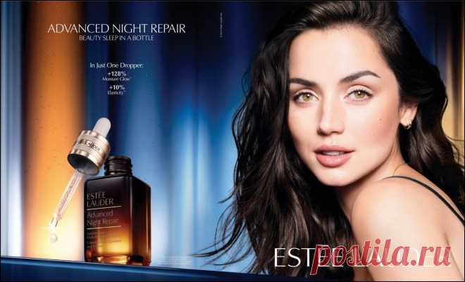 Новый снимок Аны де Армас для рекламы сыворотки Advanced Night Repair от Estée Lauder.
