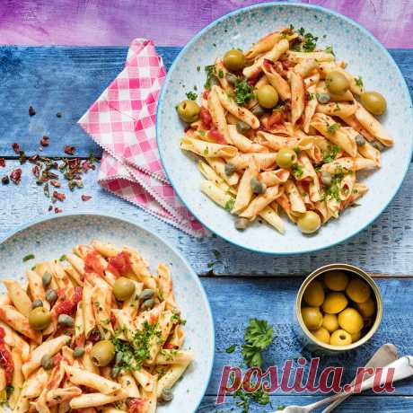Кулинарные рецепты - Паста с томатами, оливками и каперсами - с фото и видео инструкцией на сайте Bonduelle.ru