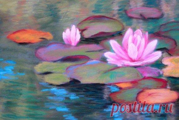 original pastel painting, waterlilies pastel sketch of some lovely pink waterlilies I painted this on artists sandpaper for maximum colour intensity.